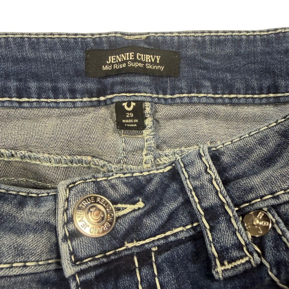 True Religion Jennie Curvy Mid Rise Super Skinny Blue Jeans Big T Stitch Size 29 - Picture 5 of 9